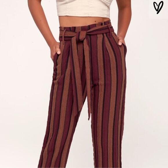 NWT Lulus Renfroe Burgundy Striped Pants Paper Bag Wide Leg Raw Hem Belted XS - Picture 3 of 11